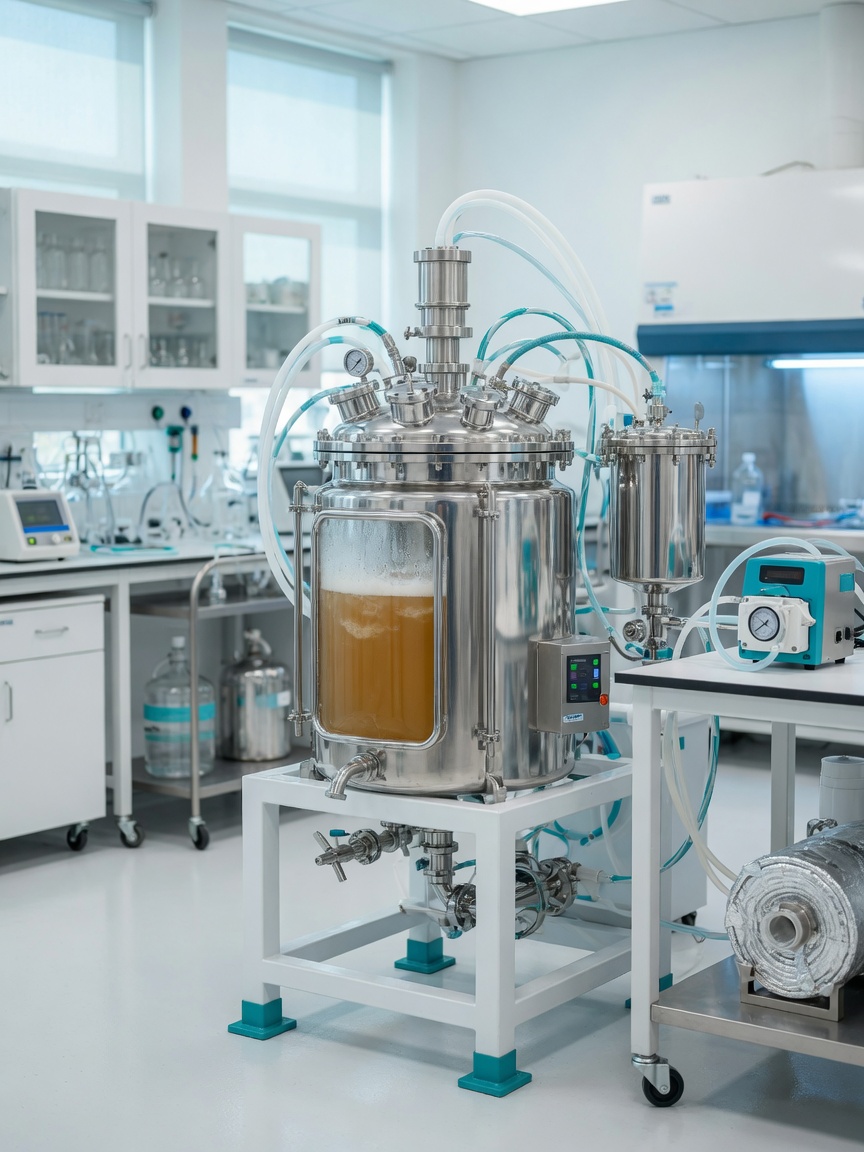Recombinant production expresses peptides in engineered host organisms via fermentation.