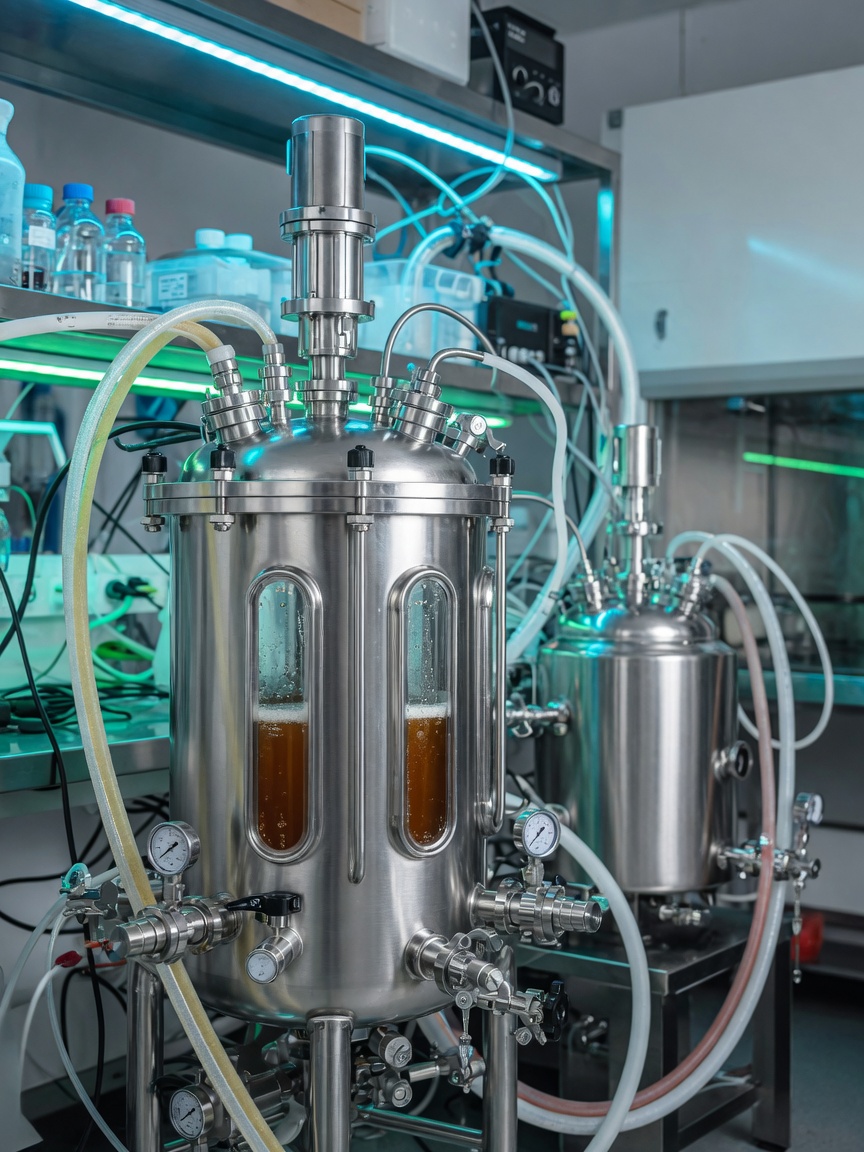 Recombinant production expresses peptides in engineered host organisms via fermentation.